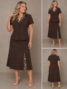 Danny & Nicole Women's Two-Piece Short Sleeve Blazer and Skirt Set in Brown with